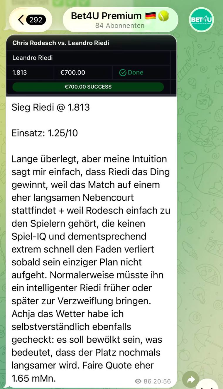 Echter Pick aus dem Bet4u-Telegram-Kanal