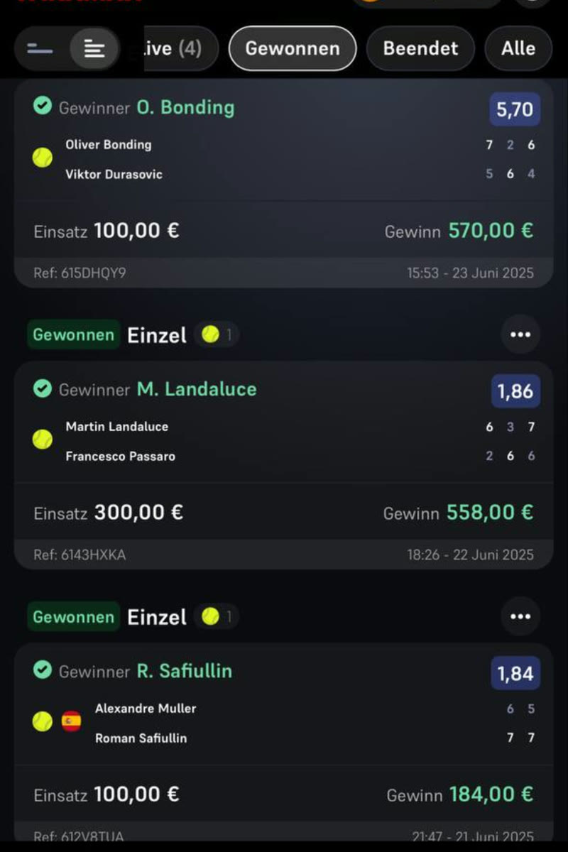 Gewonnener Wettschein aus dem Bet4u-Kanal